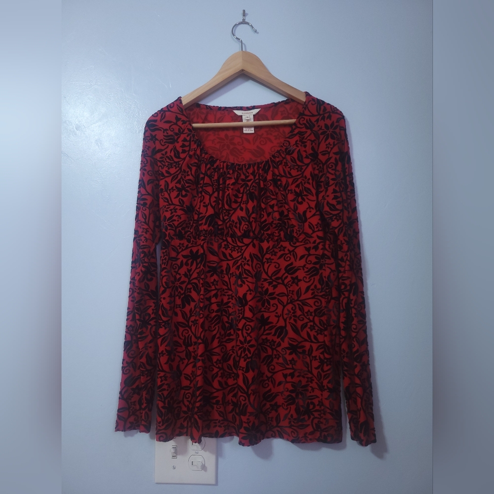 Sundance Blouse Red Velvet Burnout Long Sleeve Ruched Bust Top Medium Boho Artsy